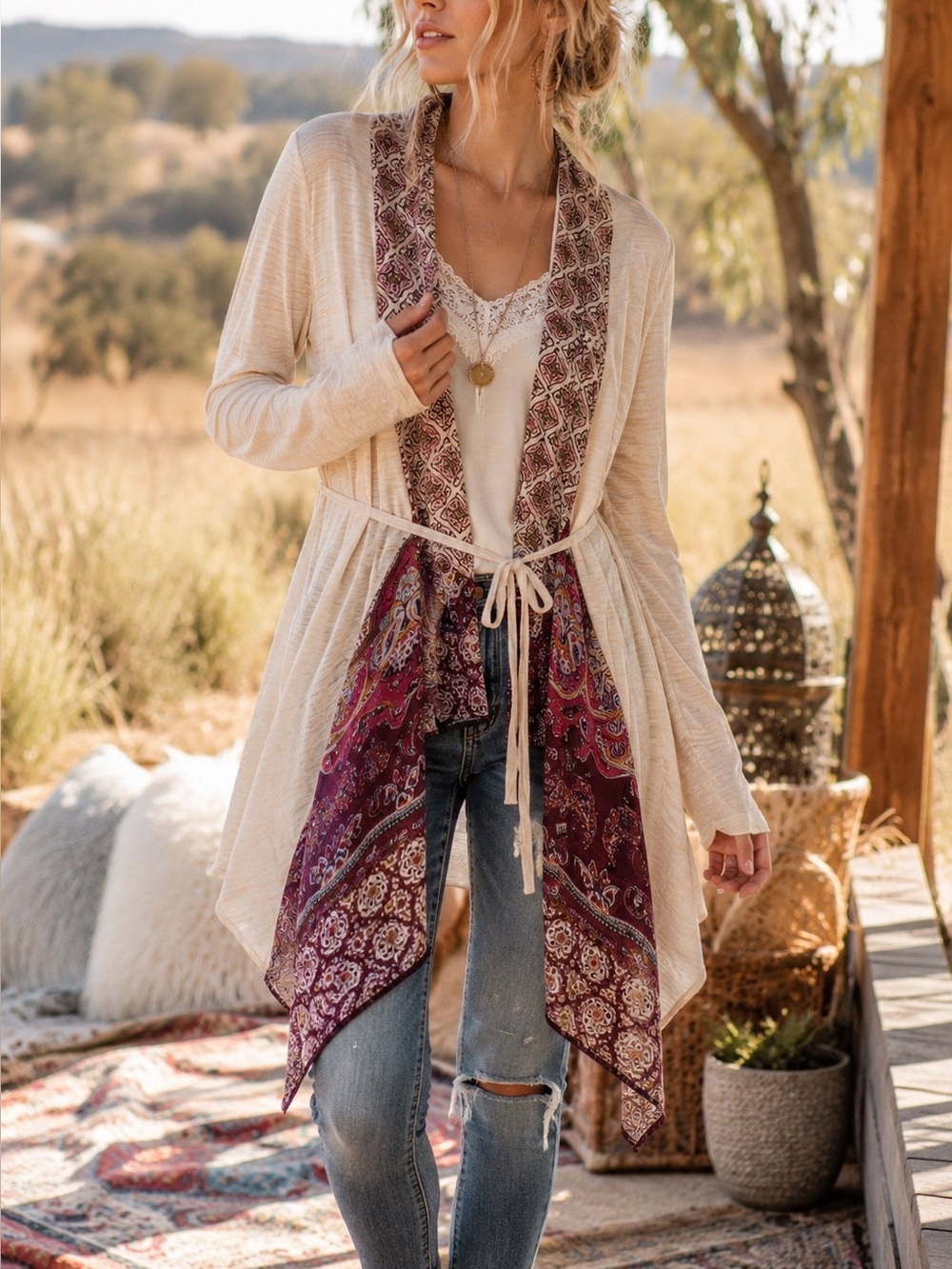 Flying Tomato Boho Open Front Cardigan Medium Paisley Tie Waist Lightweight